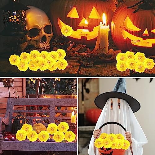 Yellow Artificial Marigold Flowers Bulk 50 Pcs for Day of the Dead Decorations - Faux Silk Floral Stems