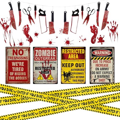 Halloween Caution Tape Roll 30 Feet with Warning Signs - Indoor Outdoor Haunted House Decor
