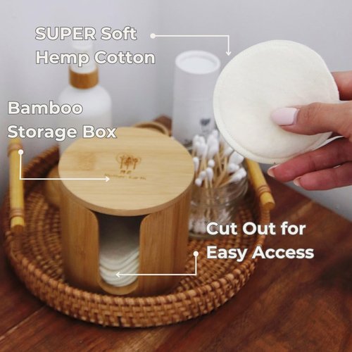 Reusable Hemp Cotton Rounds 15-Pack with Bamboo Storage Box – Ultra-Soft Organic Face Pads for Makeup Removal, Skincare Accessories, and Eco-Friendly Beauty Essentials