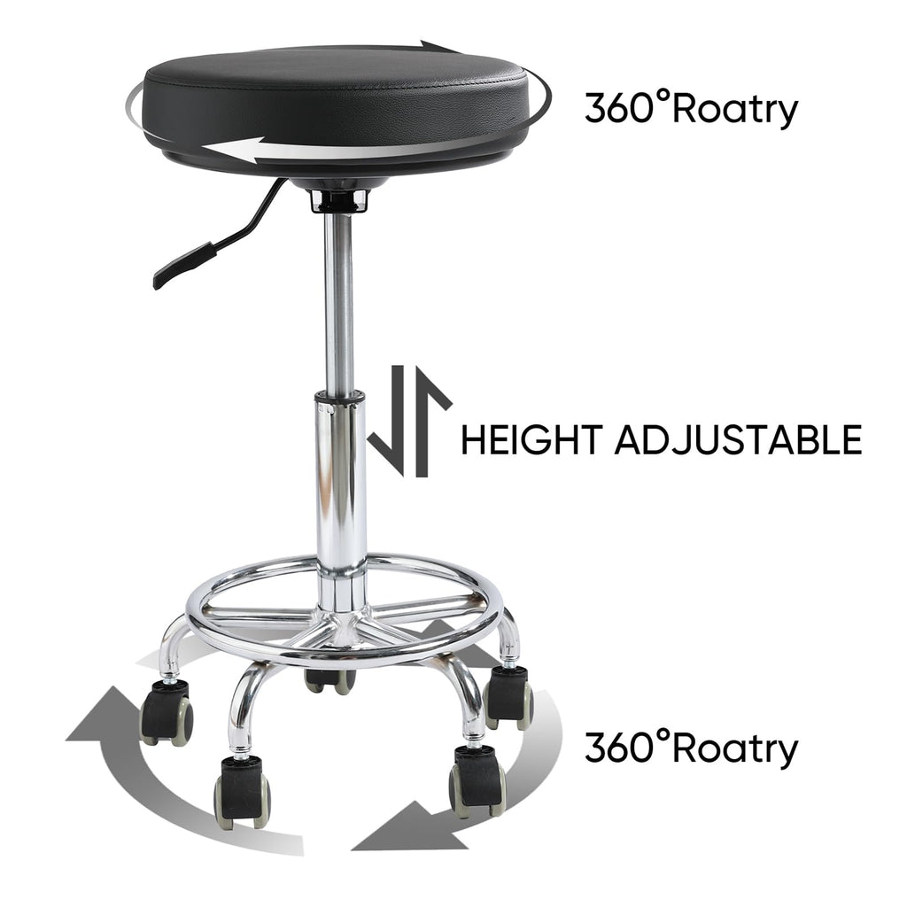 Viviange Adjustable Rolling Stool with Wheels - Ergonomic Salon & Tattoo Artist Chair, Office Stool with Comfortable PU Leather Seat,Black