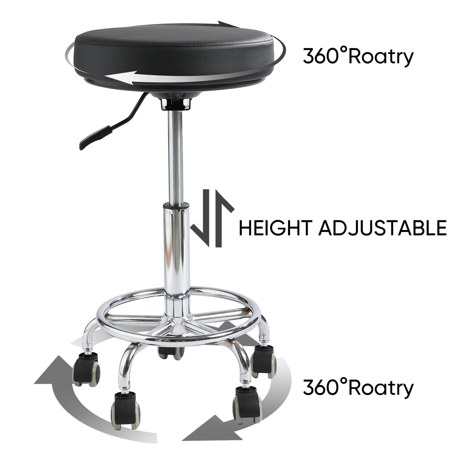 Viviange Adjustable Rolling Stool with Wheels - Ergonomic Salon & Tattoo Artist Chair, Office Stool with Comfortable PU Leather Seat,Black