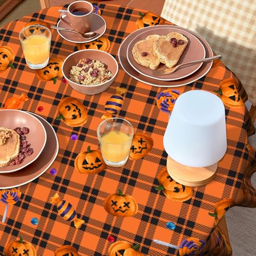 Halloween Pumpkin Lollipop Circular Tablecloth - 60 Inch Orange Buffalo Plaid Fall Decor
