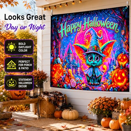 Halloween Wizard Cat UV Reactive Glow Wall Tapestry, 90x70 Inches - Spooky Backdrop