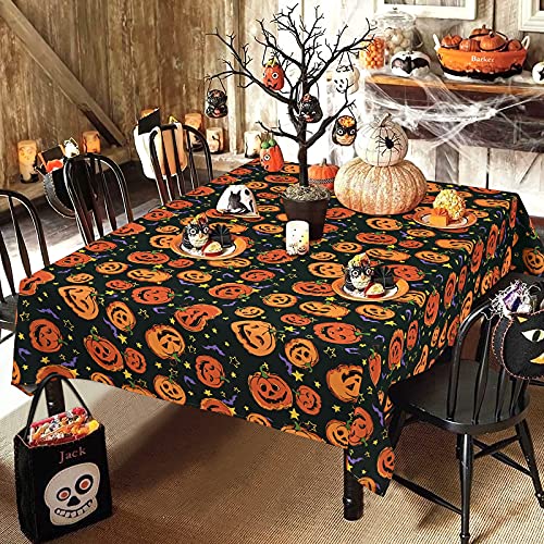 Halloween Tablecloth 84x60 Inch Pumpkin Bat Pattern Waterproof Spillproof Decor