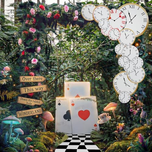Wonderland Tea Party Decoration Set - 22 Pcs Birthday & Photo Backdrop with Clock Curtain & Rose Vines - Fresh