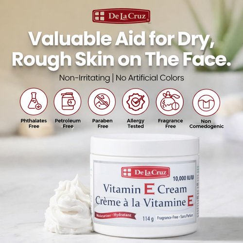 De La Cruz Vitamin E Cream FRAGRANCE FREE Moisturizer for Face and Neck - Moisturizing Skin Care for All Skin Types - Made in USA, 4 oz.