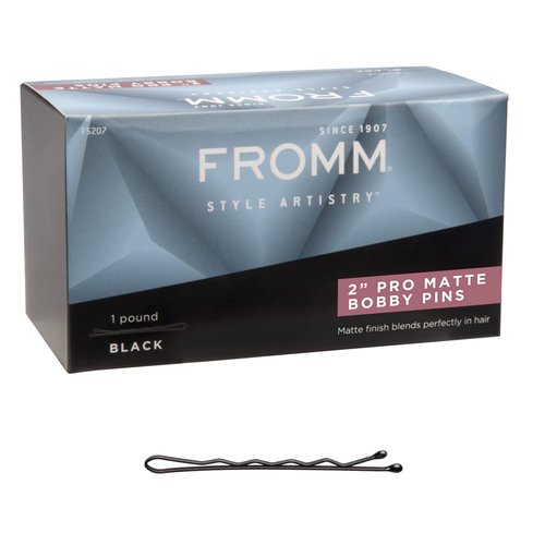 Fromm 2 Matte Black Bobby Pins - Crimped Non-Slip Hair Pins for All-Day Hold | 600-Pack for Updos & Flyaways