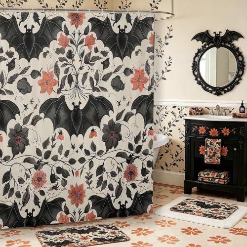 Halloween Bat Shower Curtain Set - Gothic Boho Floral Victorian Bathroom Decor - Black Red, 72x72 Inches