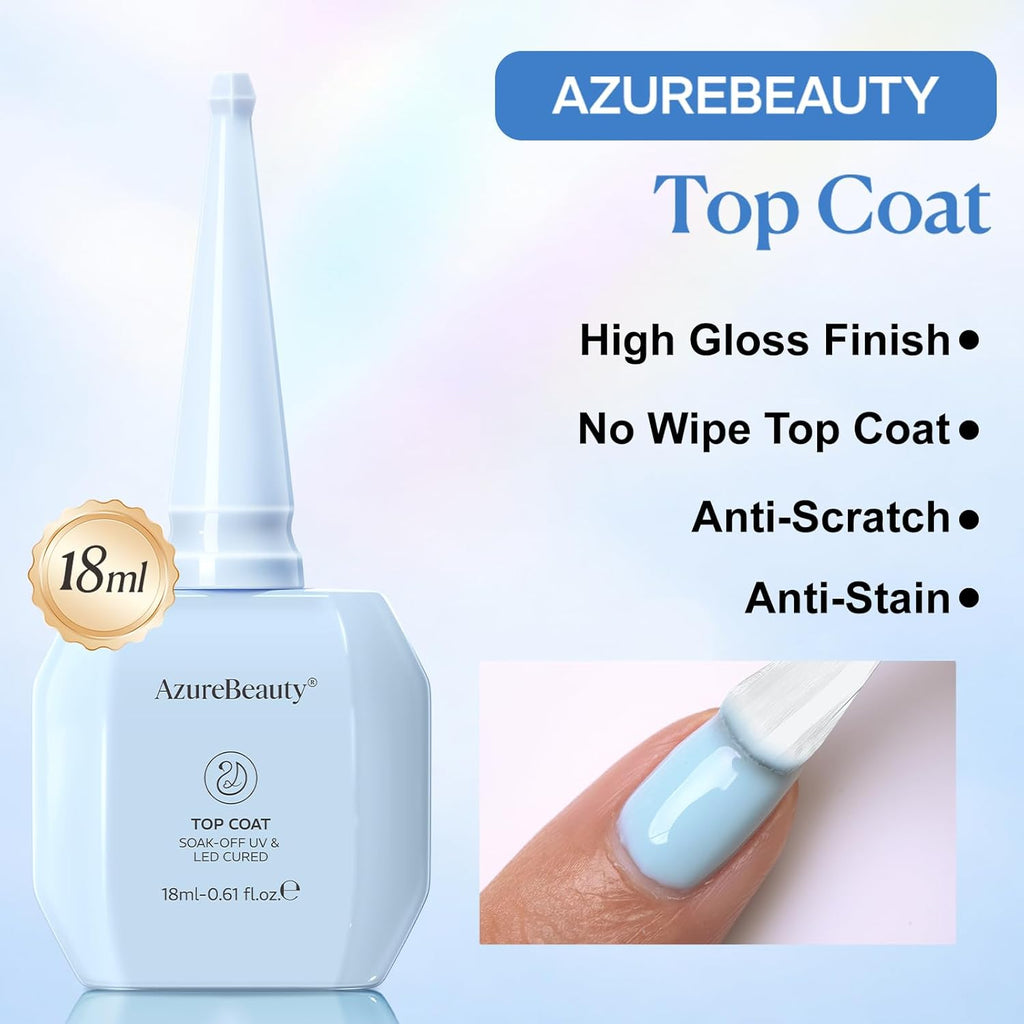 AZUREBEAUTY Gel Top Coat - No Wipe High Gloss Finish | 18ml Clear Long-Lasting Nail Polish for Manicure