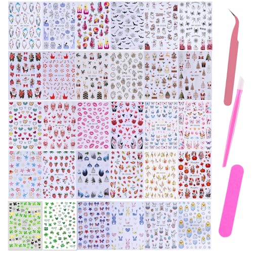 All Holidays Styles Nail Art Stickers Decals 30 Sheets Seasonal Manicure Decorations with Tweezers
