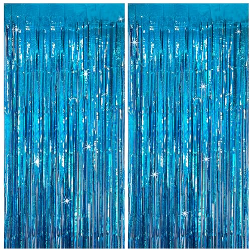 Blue Tinsel Curtain Party Backdrop 2 Pack - Glitter Foil Fringe Decorations for Events