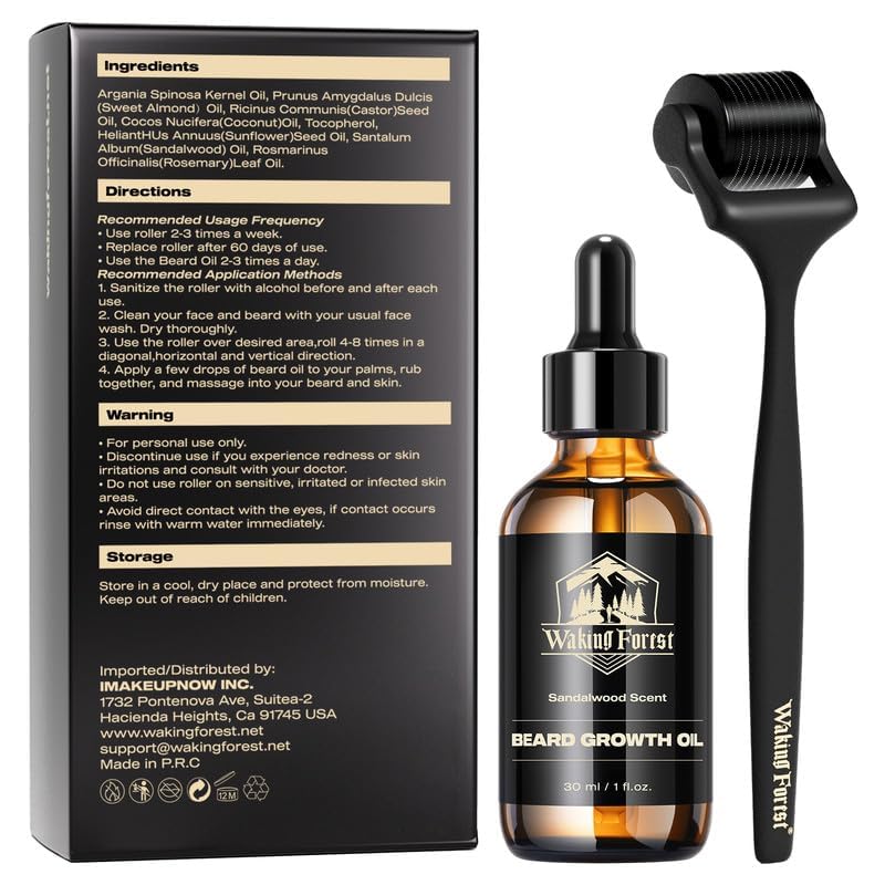 Waking Forest Derma Roller 0.25mm & Beard Oil(1oz), Sandalwood Beard Kit, Microneedle Beard Roller with 540 Titanium, Natural Moisturize with Vitamin E Beard Oil for Men, Fathers Boyfriend Dad