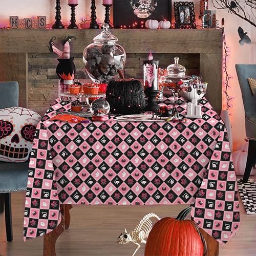 Cute Checkered Halloween Tablecloth 60x84 Inch Rectangular Pink & Black Pumpkin Ghost Web Decor