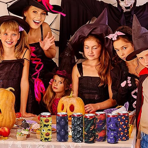 Halloween Can Cooler 16-Pack Neoprene Drink Insulators 12 Oz - Pumpkin Skeleton Spider Design