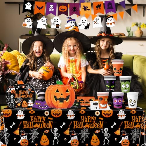 Halloween Party Supplies Kit with Pumpkin Plates Cups Napkins Banner & Tablecloth - Serves 24