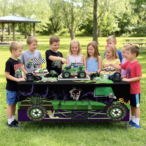 Kids Monster Truck Tablecloth for Birthday Party, Reusable Polyester Decoration