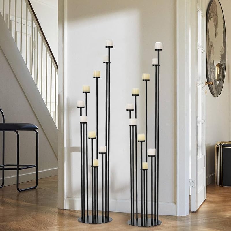 Black 44 Inch Metal Floor Candelabra Centerpiece - 9 Arm Candle Holder for Halloween, Weddings & Home Decor - Variation: Black / 2 Pcs