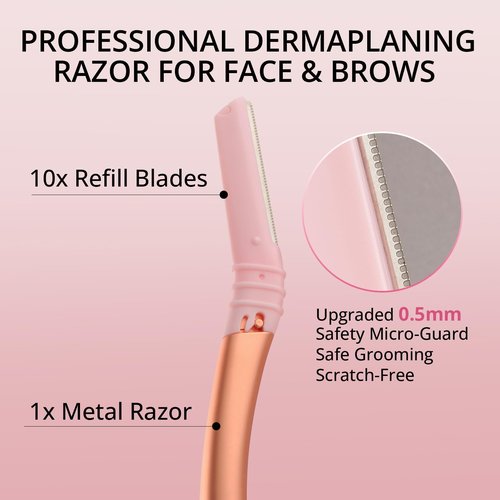 Mistfree Dermaplane Razor for Women Face, Eyebrow Razor with Reusable Handle and 10 Refill Blades, Professional Dermaplaning Tool Face Razors for Exfoliation, Peach Fuzz Removal, Eyebrow Shaping