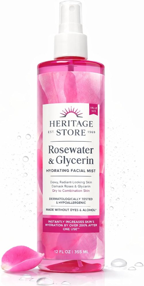 Heritage Store Rosewater & Glycerin Facial Mist - Hydrating Spray for Dry Skin - 12 FL OZ, Alcohol-Free