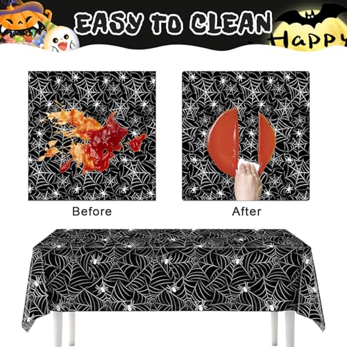 Halloween Plastic Tablecloth 1 Pack - Spooky Web & Spider Pattern, 54x108 Inch, Spillproof, Disposable, Black