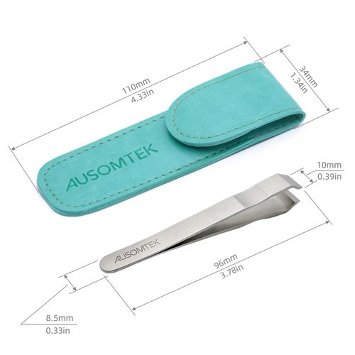 AUSOMTEK Beard & Hair Plucking Tweezers, Fine Eyebrow Tool, Stainless Steel, 10mm Tip, Anti-Slip Slot Design, Cyan PU Case