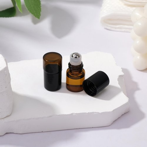 RAMFIYN 30 pack 1ml Amber Glass Roller Bottles for Essential Oils Refillable Roll-on Applicator with Stainless Steel Roller Balls Mini Leak-proof Makeup Containers with Pipettes and Bottle Opener