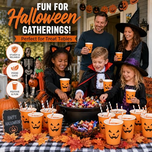 Halloween Pumpkin Cups 100Pcs - Jack O Lantern Disposable 9oz Party Drinkware