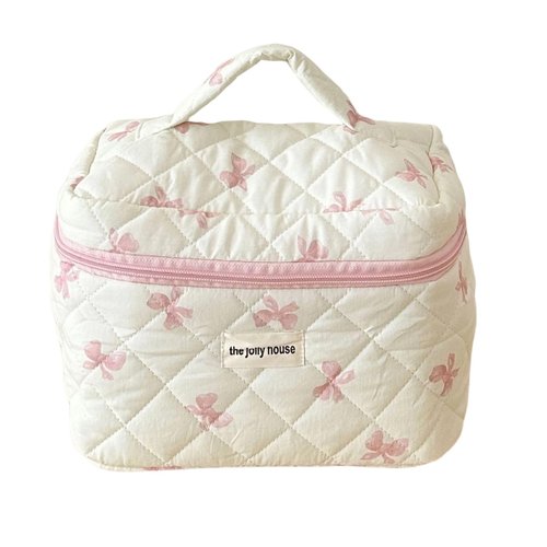 BILIPOPX Cute Makeup Bag Cotton Quilted Cosmetic Bag Floral Aesthetic Toiletry Bag Kawaii Puffy Coquette Travel Organizer Pouch Purse for Women (02Pink Bow)