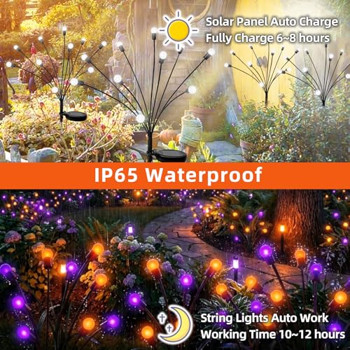 Halloween Firefly Solar Lights 2 Pack - Orange & Purple, Flickering LED Pathway Decor