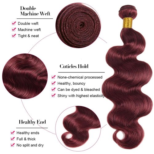 #99J Win Red Bundles Human Hair Body Wave Bundles 22 24 26 Inch Burgundy Unprocessed Brazilian Virgin Hair Deals Quick Weave Hair Extensions 3 Bundle 50 Gram Per Bundle For Woman