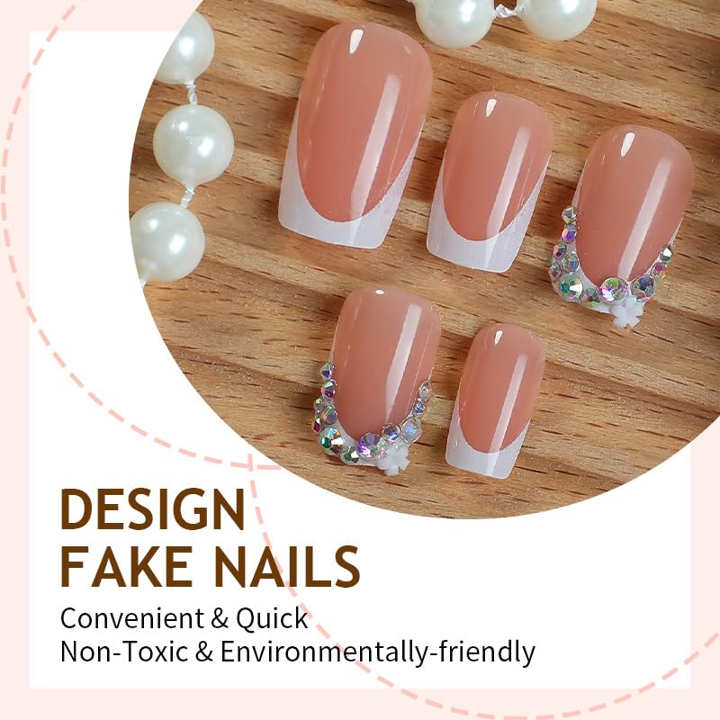Square Press On Nails Short Fake Nails with Rhinestones French Tip Style 8