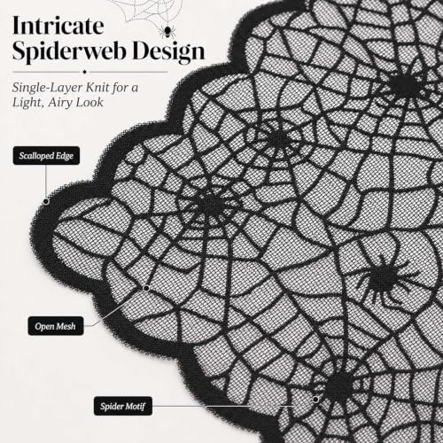 Halloween Black Lace Spider Web Table Runner 13x70 Inch - Spooky Decor