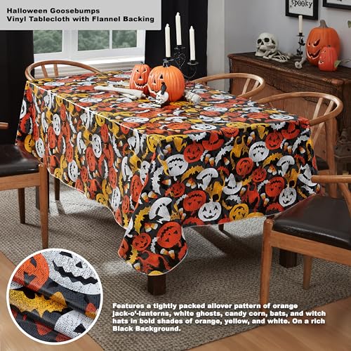 84x60 Inch Halloween Vinyl Tablecloth with Ghosts Cats Pumpkins Flannel Backing