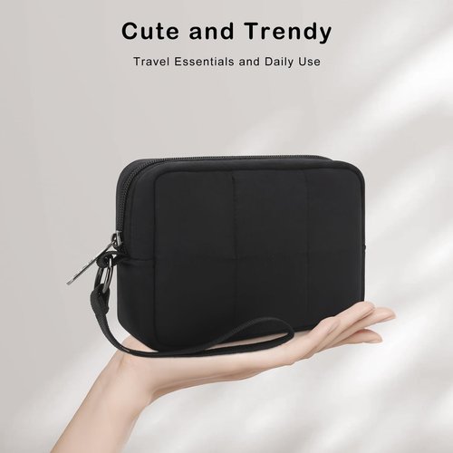 JINSI Small Zipper Puffer Makeup Bag for Wristlet Wallets, Quilted Nylon Cosmetic Pouch Organizer Toiletry Bag for Travel, Cute Make Up Bags Purse for Women Girl, Black