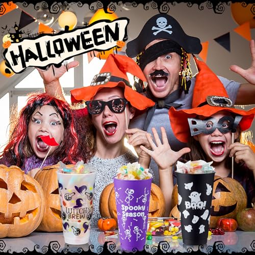 30 Pack Halloween Plastic Cups with Lids & Straws - 24 oz Ghost Design