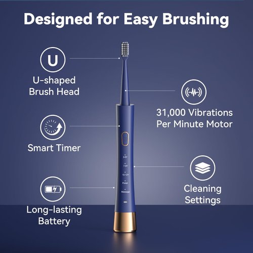 JTF Orthodontic Electric Toothbrush for Braces: 6 U-Shaped Soft Brush Heads, 5 Brushing Mode, 2Min Timer, IPX7 Waterproof, Deep Oral Clean, Rechargeable Sonic Toothbrushes for Tooth with Dental Device