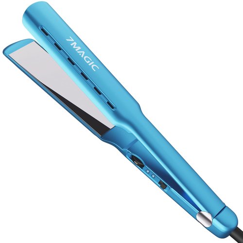 7MAGIC Nano Titanium Wide Flat Iron - Fast Heating 15s for Thick Hair | Smooth & Sleek Results, Blue