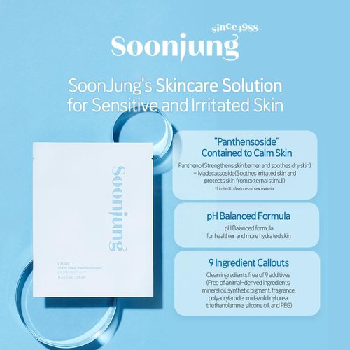 ETUDE SoonJung Sheet Mask - Moisturizing Panthensoside Face Mask for Sensitive Skin | 5pcs Pack, 100% Bamboo