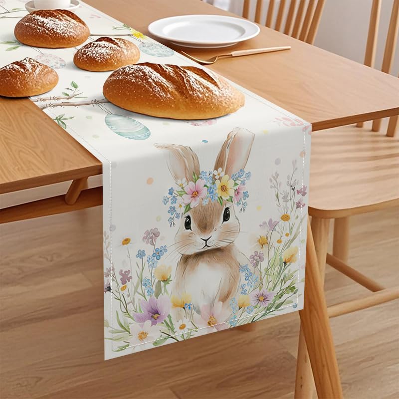 Easter Table Runner Floral Bunny and Hanging Eggs - Spring Farmhouse Decor, 13x72 Inches - Easter Floral Bunny Variation