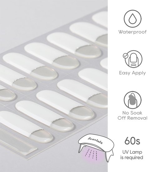 Beaolata Semi Cured Gel Nail Strips - UV Light Gel Nail Stickers - 20 Long Lasting Salon Quality Wraps (French Light White)