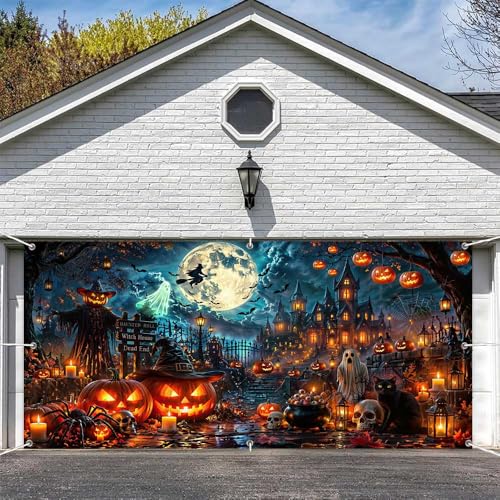 Halloween Garage Door Decor Banner - Spooky Haunted House Pumpkin Witch Moon - 8x7 FT - Outdoor Halloween Decoration