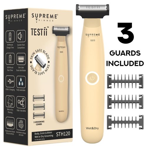 Supreme Trimmer Testii STH120 Men’s Ball Trimmer and Body Groomer, Waterproof Wet Dry Use, Skin-Safe Blade System, USB-C Fast Charging, 90 Min Runtime, Replacement Heads Available