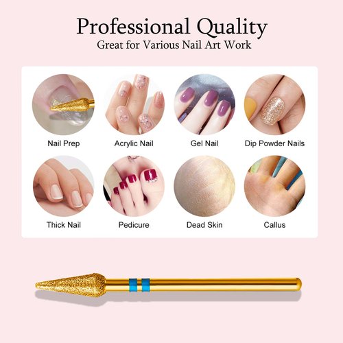 ERUIKA 10pcs Diamond Cuticle Clean Nail Drill Bits Set,Professional Safety Rotary Carbide Under Nail Cleaner Russian Manicure Nail Bit for Cuticle Dead Skin,Nail Prepare Salon Tools(Gold, Medium-M)