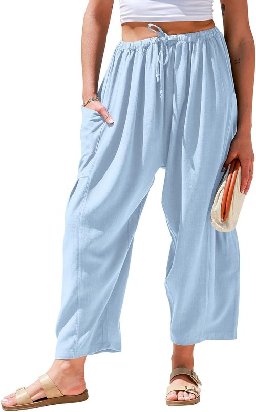TARSE Women's Linen Wide Leg Pants - Casual Loose Palazzo Style with Pockets for Summer Travel