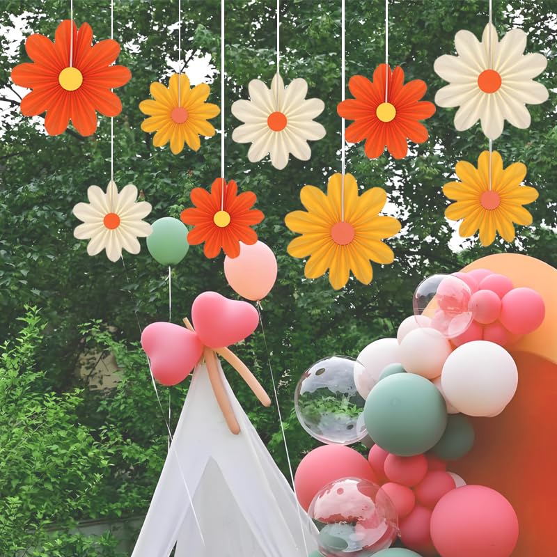 9 Pack Paper Fan Decorations with Orange Flowers for Parties & Holidays