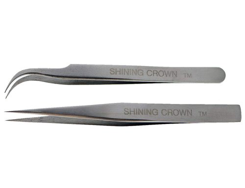 SHINING CROWN Tweezers for Eyelash Extension Straight and Curved 2PCS Set