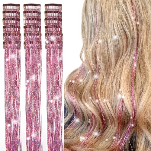20 Inch Pink Hair Tinsel Clip-In Extensions - Sparkling Glitter Hair Accessories - 18Pcs