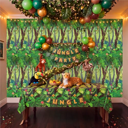 Rainforest Jungle Party Tablecloth Roll - 1200 x 54 Inches, Green Tropical Design