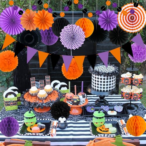 Purple Halloween Party Decorations Kit - Paper Fans Pom Poms Banner & More
