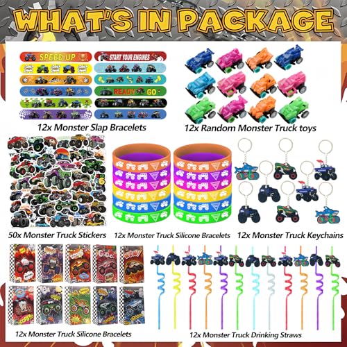 Monster Truck Party Favors Set for Birthday Decorations - 122 Pieces with Goodie Bags & Stickers